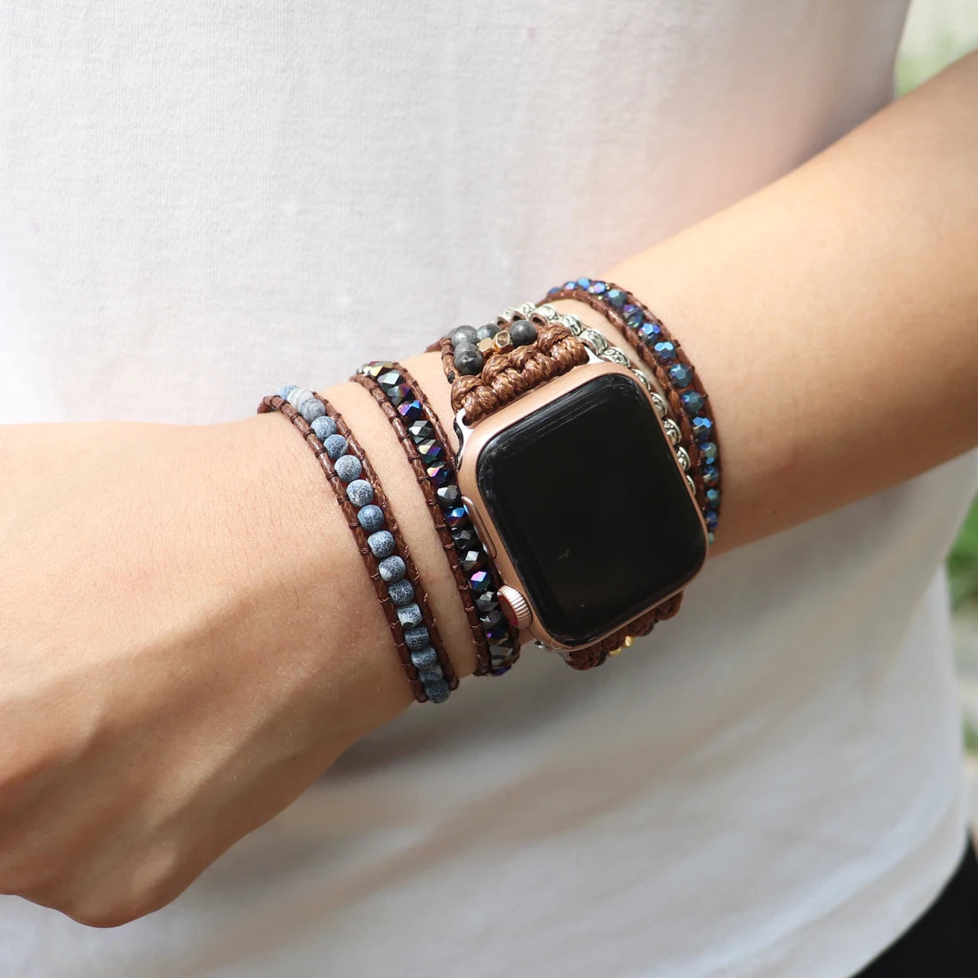 Natural Stone Apple Watch Band | Boho 5 Wrap Beads Vegan Rope Watch Strap | Vegan Wrist Arm Band Bracelet