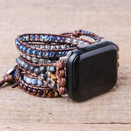 Natural Stone Apple Watch Band | Boho 5 Wrap Beads Vegan Rope Watch Strap | Vegan Wrist Arm Band Bracelet