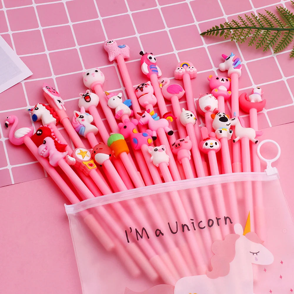 20Pcs/set Cute Gel Pen Kawaii Random Pattern Unicorn Pony 0.5mm Black Gel Ink Pen | School Stationery Office Supplies Gifts | Alo Trendy