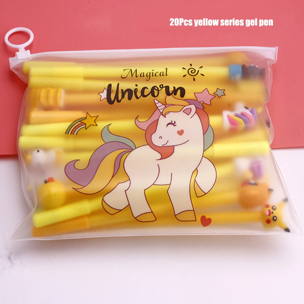 20Pcs/set Cute Gel Pen Kawaii Random Pattern Unicorn Pony 0.5mm Black Gel Ink Pen | School Stationery Office Supplies Gifts | Alo Trendy