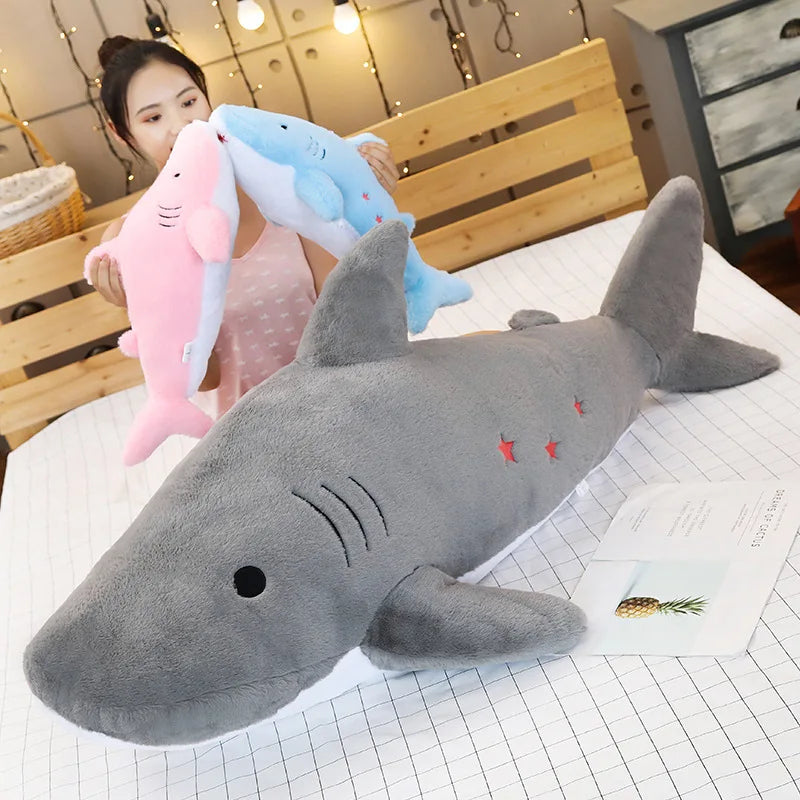 Giant Fuzzy Plush Shark Toy Star Embroidered Sea Animal Doll | Blue Pink Grey Snuggle Buddy Christmas Children Gift | Alo Trendy