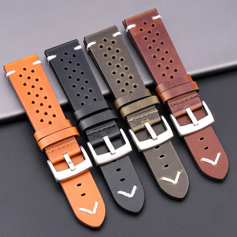 Handmade Cowhide Breathable Watch Band 18 20 22 24mm | Men Women | 4 Colors Oil Wax Genuine Leather Strap Watchband Accessories | Alo Trendy