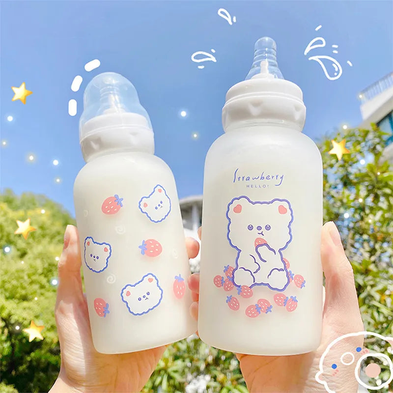 Hot 320ml Kawaii Strawberry Bear Glass Water Bottle For Girls Kids Adult Milk Juice Straw Cup Frosted Leakproof Drinking Bottles | Alo Trendy