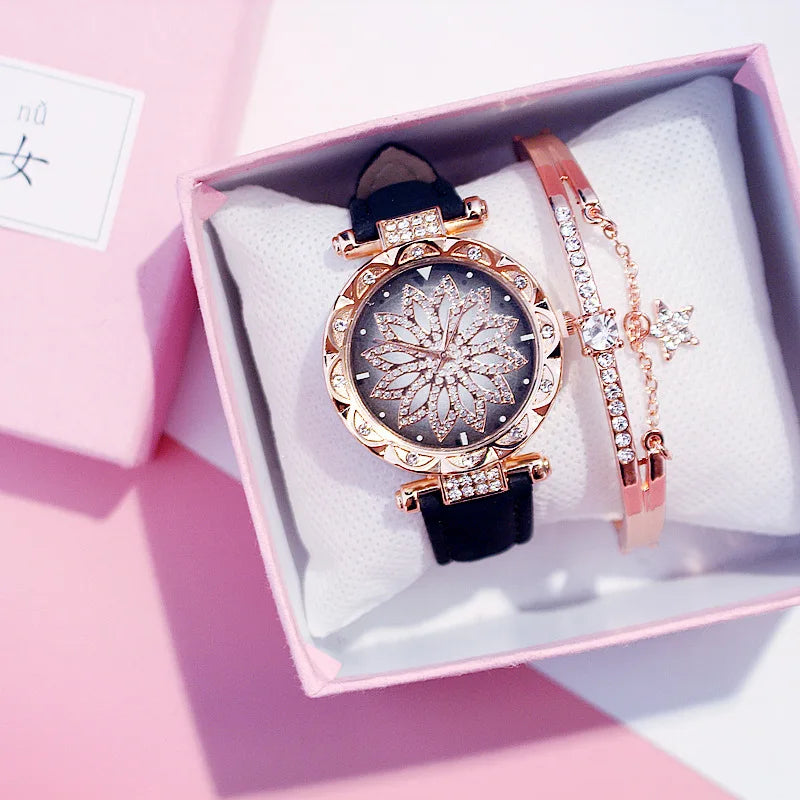 Women Starry Sky Watch | Luxury Rose Gold Diamond Watches | Ladies Casual Leather Band Quartz Wristwatch | Female Clock zegarek damski