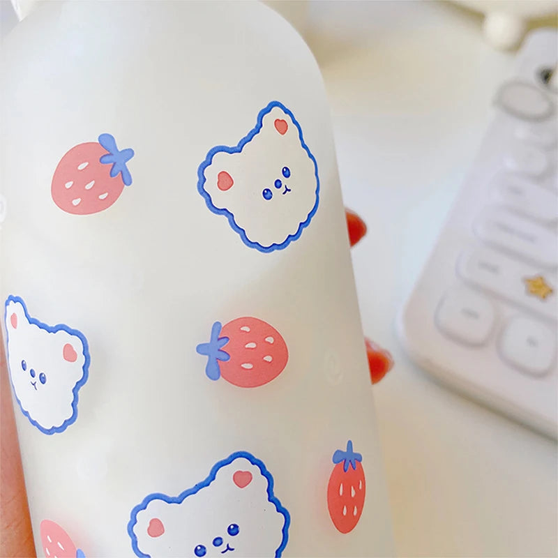 Hot 320ml Kawaii Strawberry Bear Glass Water Bottle For Girls Kids Adult Milk Juice Straw Cup Frosted Leakproof Drinking Bottles | Alo Trendy