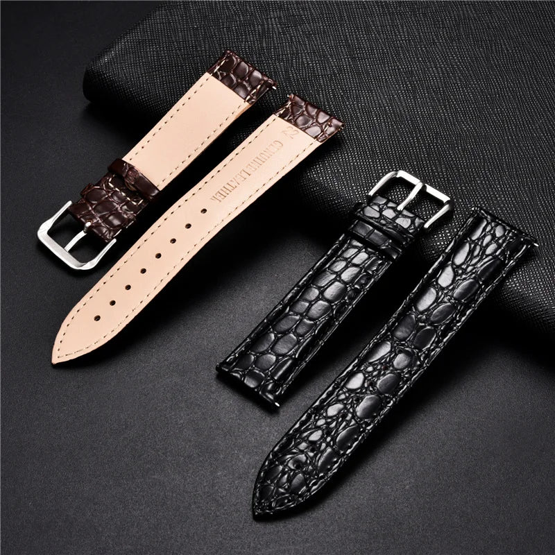 Crocodile Skin Design Calfskin Strap | Stone Pattern Leather Watchbands | Business Replacement Straps for 16mm, 18mm, 20mm, 22mm, 24mm Watches