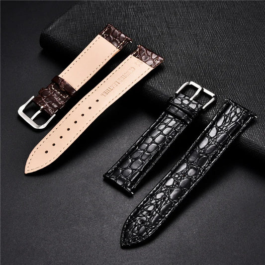 Crocodile Skin Design Calfskin Strap | Stone Pattern Leather Watchbands | Business Replacement Straps for 16mm, 18mm, 20mm, 22mm, 24mm Watches