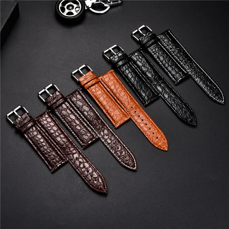 Crocodile Skin Design Calfskin Strap | Stone Pattern Leather Watchbands | Business Replacement Straps for 16mm, 18mm, 20mm, 22mm, 24mm Watches