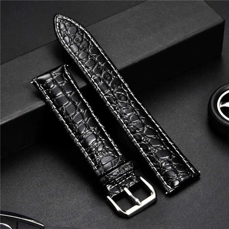 Crocodile Skin Design Calfskin Strap | Stone Pattern Leather Watchbands | Business Replacement Straps for 16mm, 18mm, 20mm, 22mm, 24mm Watches