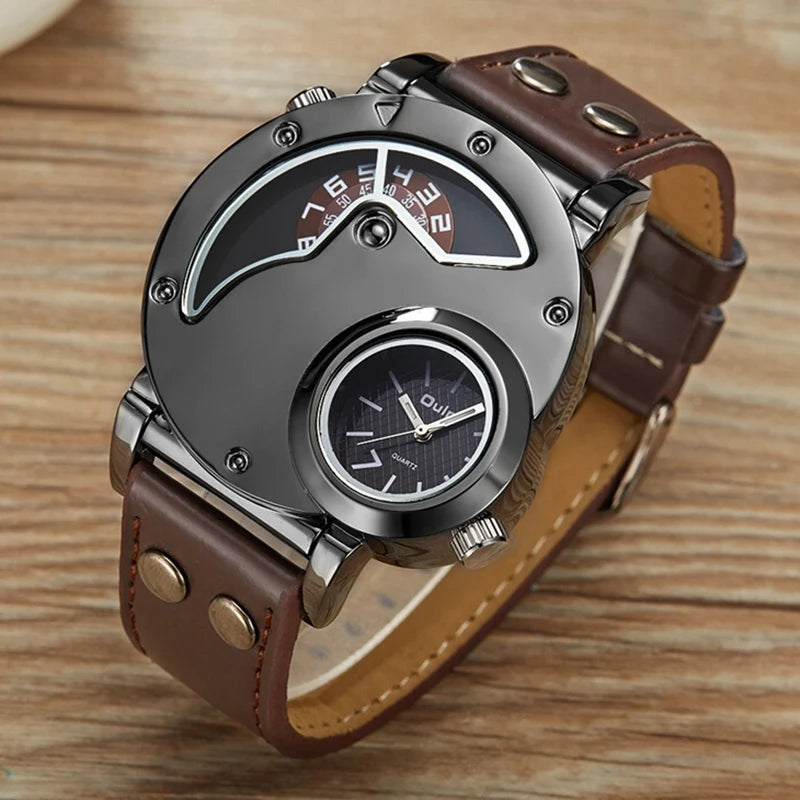 Luxury Dual Time Quartz Watch for Men | Casual Leather Strap Sport Male Clock | Relogio Masculino