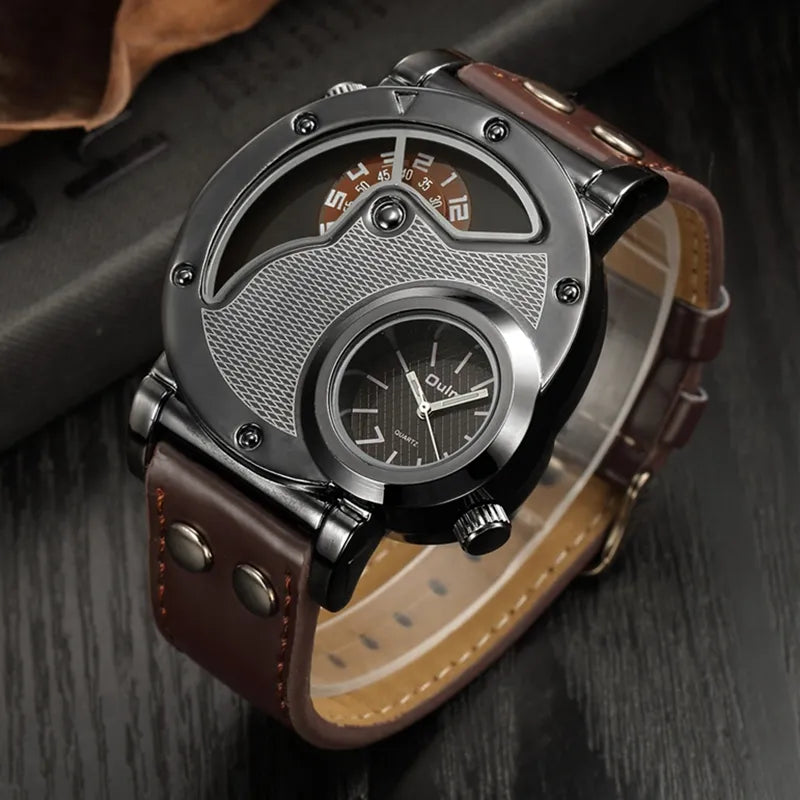 Luxury Dual Time Quartz Watch for Men | Casual Leather Strap Sport Male Clock | Relogio Masculino