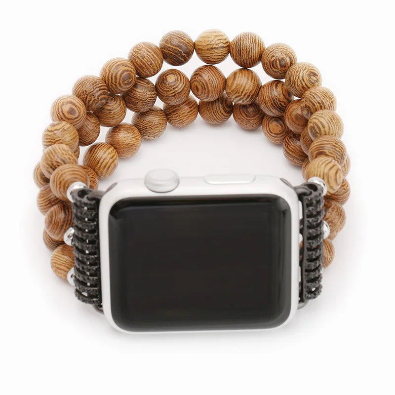 Handmade Wood Beads Elastic Bracelet for Apple Watch Band | Wooden iWatch Strap for Series 3, 4, 5, 6, 7, SE | 38mm, 42mm, 40mm, 44mm, 41mm, 45mm