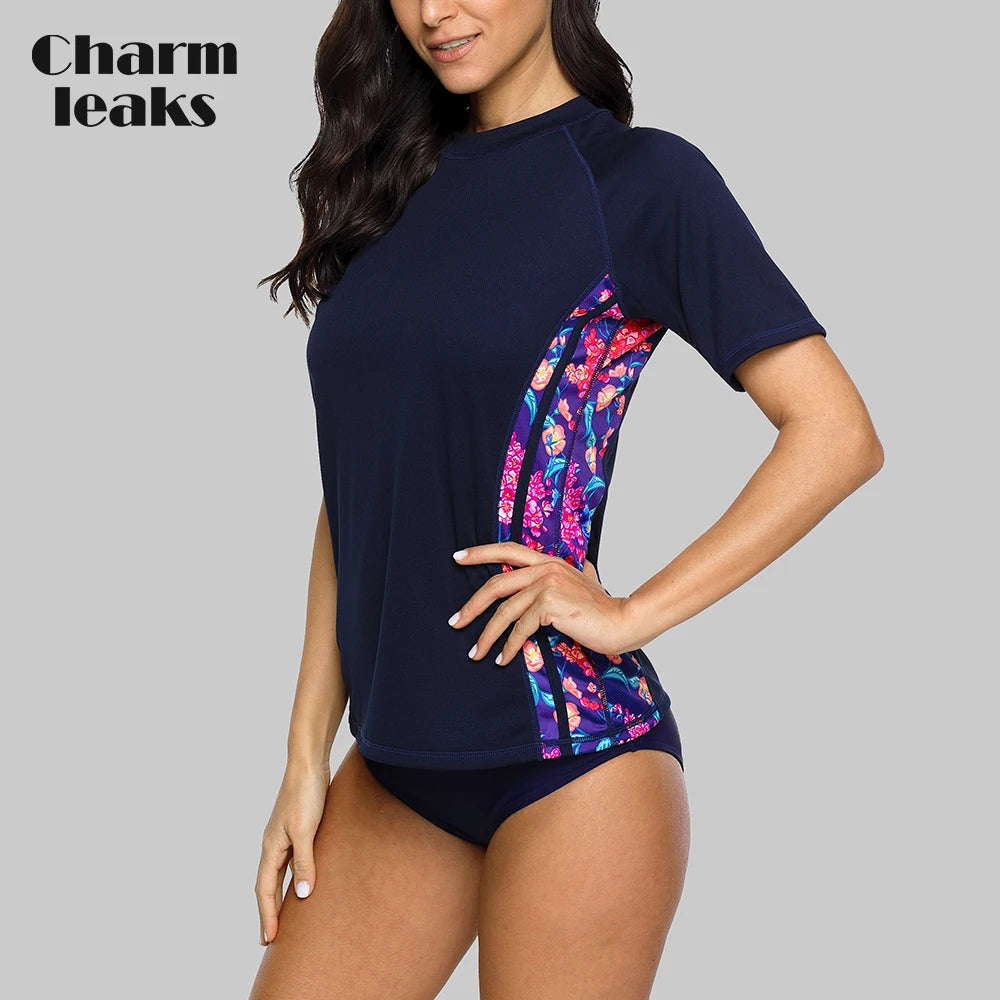 Charmleaks Short Sleeve Women Rashguard Shirt | Floral Print Quick-Drying Rash Guard | UPF 50+ Surfing Top | Running Biking Shirt | Alo Trendy