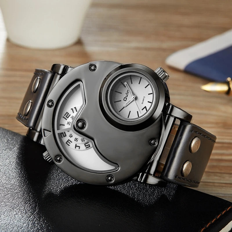 Luxury Dual Time Quartz Watch for Men | Casual Leather Strap Sport Male Clock | Relogio Masculino