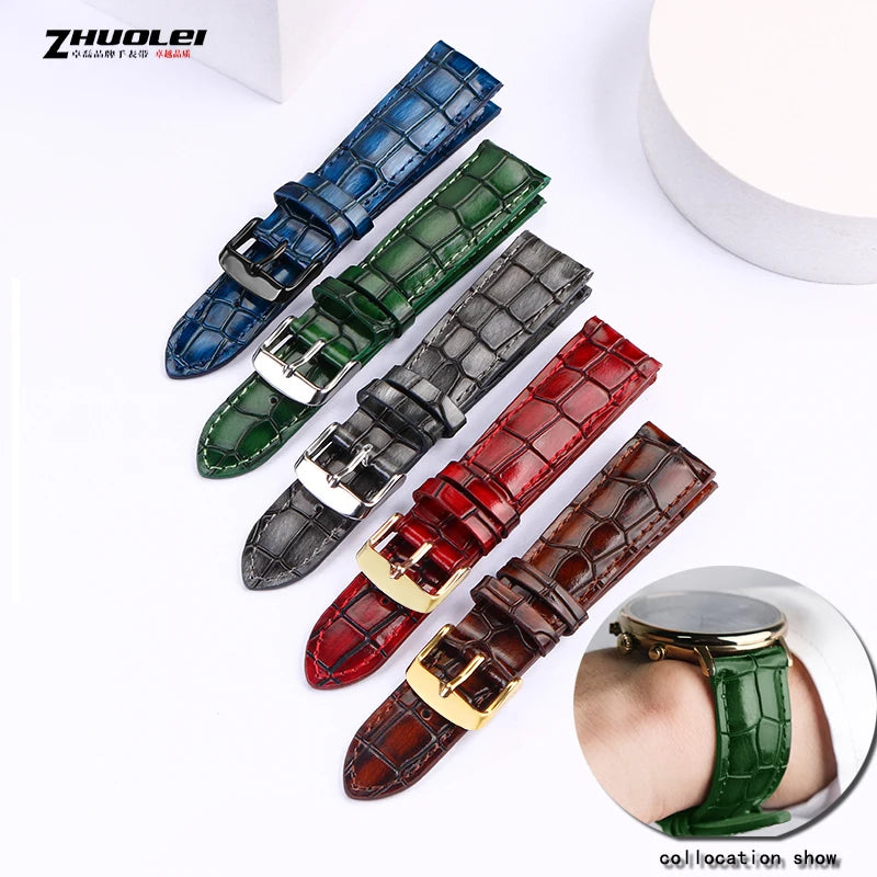 Crocodile Texture Calfskin Leather Watch Strap 18mm 20mm 22mm | Solid Buckle Men's Watchband | Available in Blue, Green, Brown | Alo Trendy