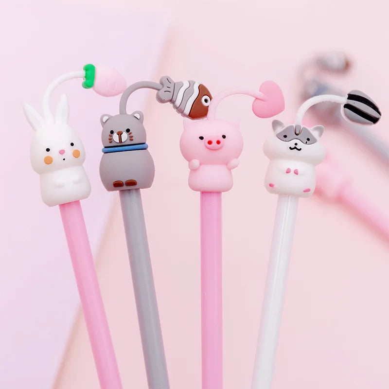 3Pcs Kawaii Cartoon Rabbit Hamster Cat Pig Gel Pen Ink Marker Pen School Office Writing Neutral Pen Stationery | Cute Animal Design Pens | Alo Trendy