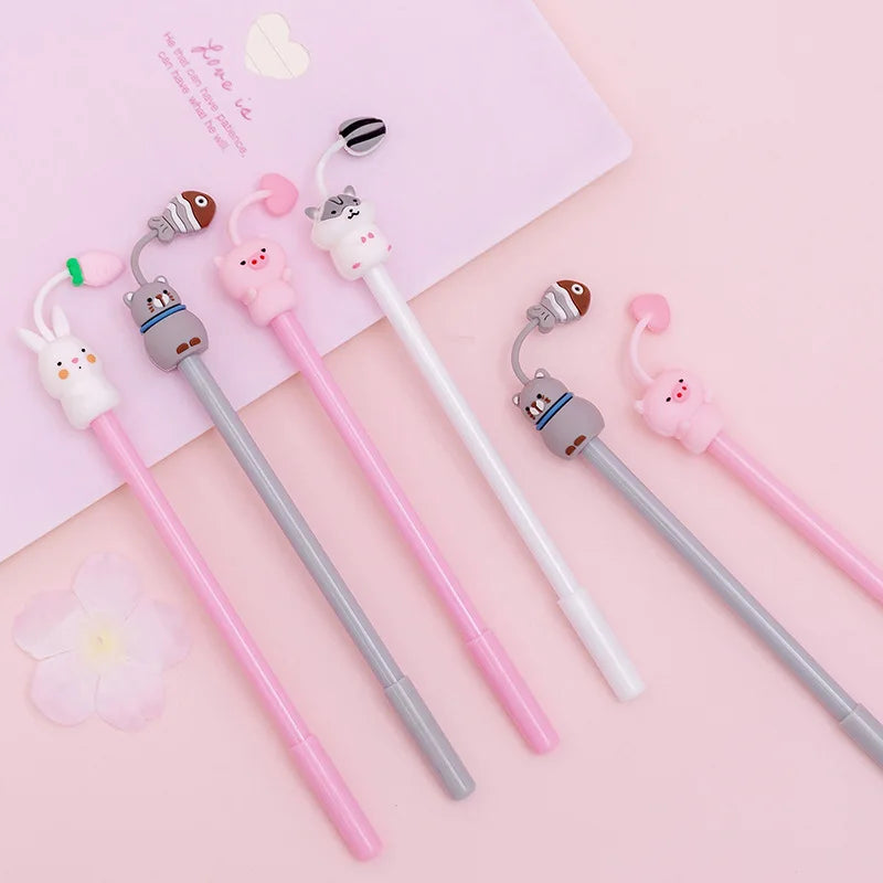 3Pcs Kawaii Cartoon Rabbit Hamster Cat Pig Gel Pen Ink Marker Pen School Office Writing Neutral Pen Stationery | Cute Animal Design Pens | Alo Trendy