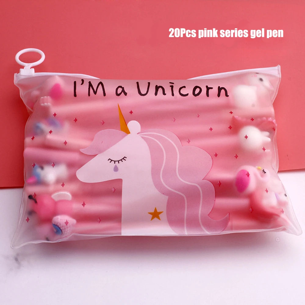 20Pcs/set Cute Gel Pen Kawaii Random Pattern Unicorn Pony 0.5mm Black Gel Ink Pen | School Stationery Office Supplies Gifts | Alo Trendy