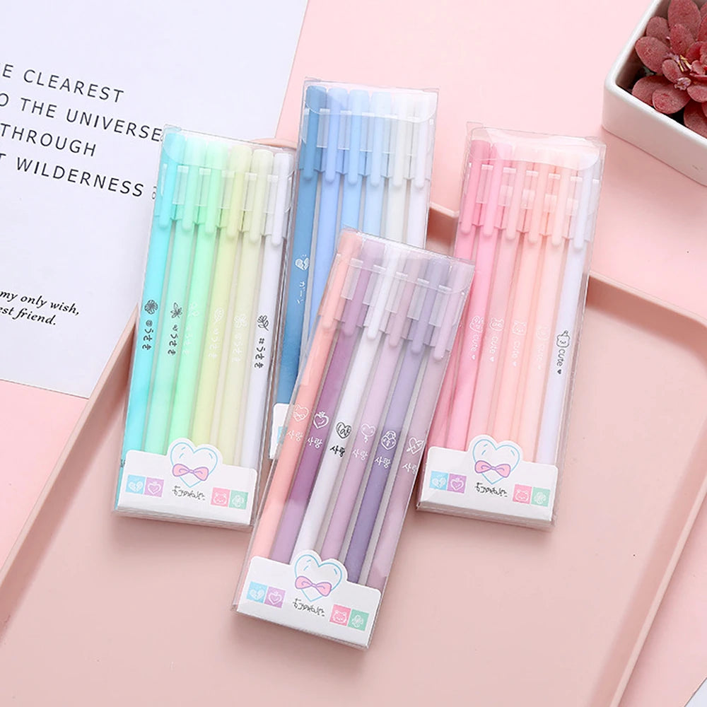 6Pcs/Set Cute Morandi Gel Pen | Kawaii 0.5mm Black BallPen | Office School Stationery Supplies | Student Writing Water Pen Neutral Pen | Alo Trendy