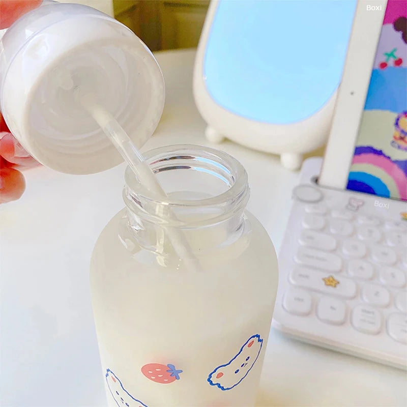 Hot 320ml Kawaii Strawberry Bear Glass Water Bottle For Girls Kids Adult Milk Juice Straw Cup Frosted Leakproof Drinking Bottles | Alo Trendy