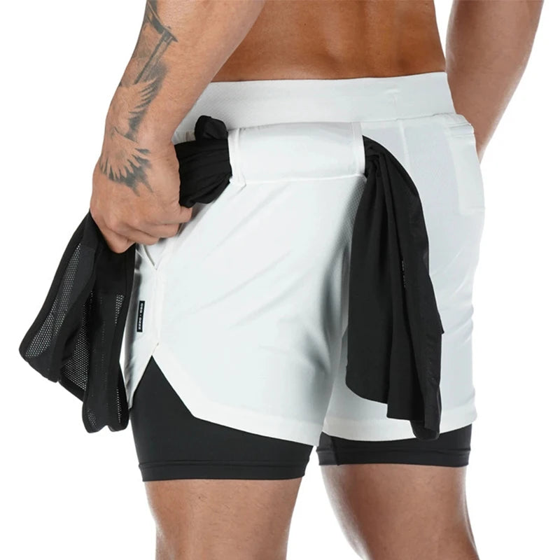 Double Layer Jogger Shorts for Men | 2-in-1 Gym Fitness Shorts with Built-in Pocket | Quick Dry Beach Bermuda Sweatpants