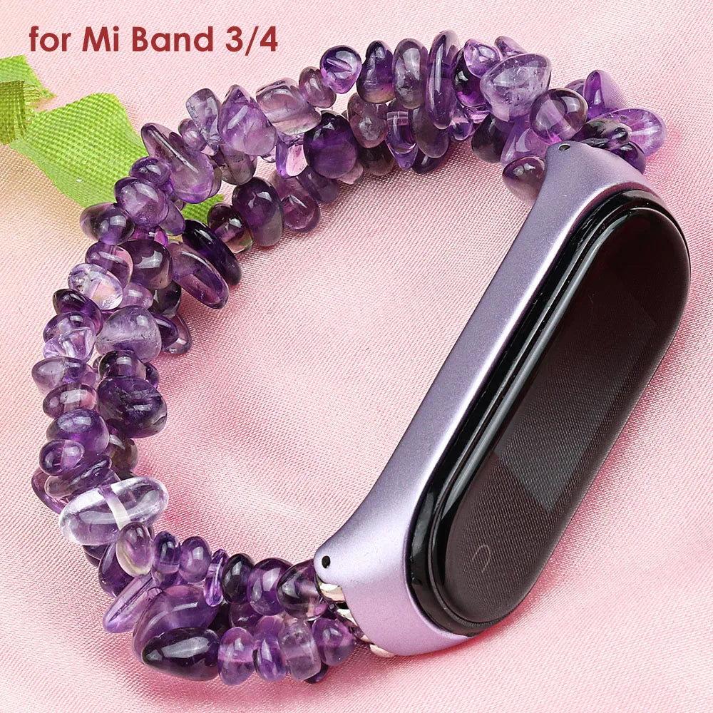 Stone Beads Strap for Xiaomi Mi Band 8, 7, 6, 5, 4 | Luxury Handmade Natural Purple Lavender Bracelet Wristband for Women | Miband Watchband