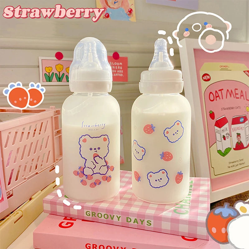 Hot 320ml Kawaii Strawberry Bear Glass Water Bottle For Girls Kids Adult Milk Juice Straw Cup Frosted Leakproof Drinking Bottles | Alo Trendy