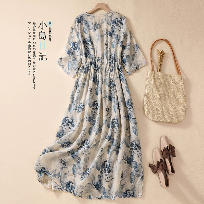 Ruched Summer New Arrival Retro Ramie Dress Artsy