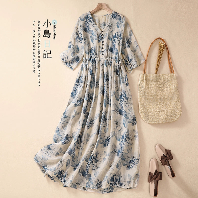 Ruched Summer New Arrival Retro Ramie Dress Artsy