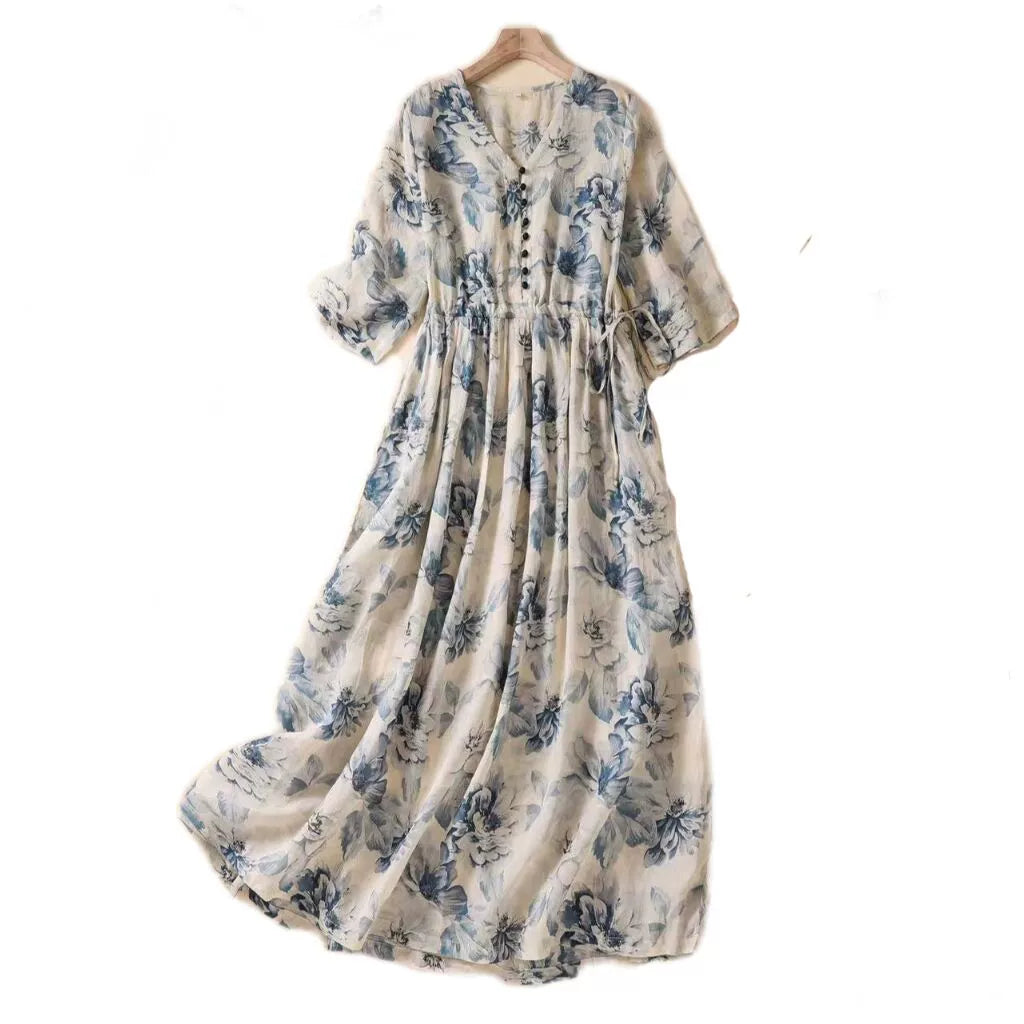 Ruched Summer New Arrival Retro Ramie Dress Artsy