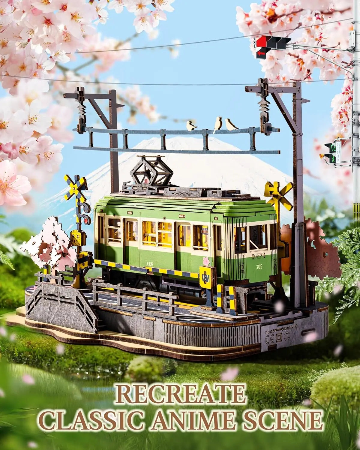 Robotime Model Kits Sakura Tram with LED Lights | 3D Wooden Puzzles Home Decor | Perfect Gift for Adults, Women, and Girls