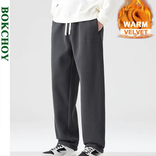 2024 Autumn Winter Casual Thickened Velvet Sweatpants for Men | Drawstring Solid Color Straight Trousers | LX8243 Comfortable Warm Pants