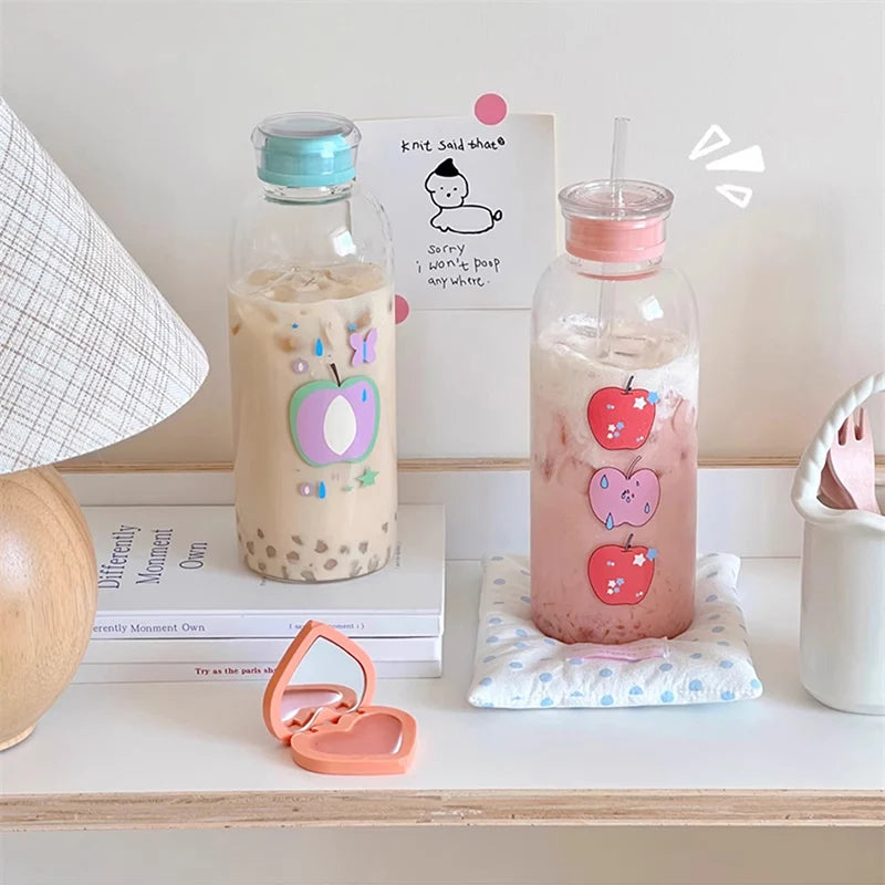 Kawaii Glass Straw Water Bottles For Girls | Transparent Glass School Leakproof Heat Resistant Juice Milk Tea Drinkware Water Cup | Alo Trendy