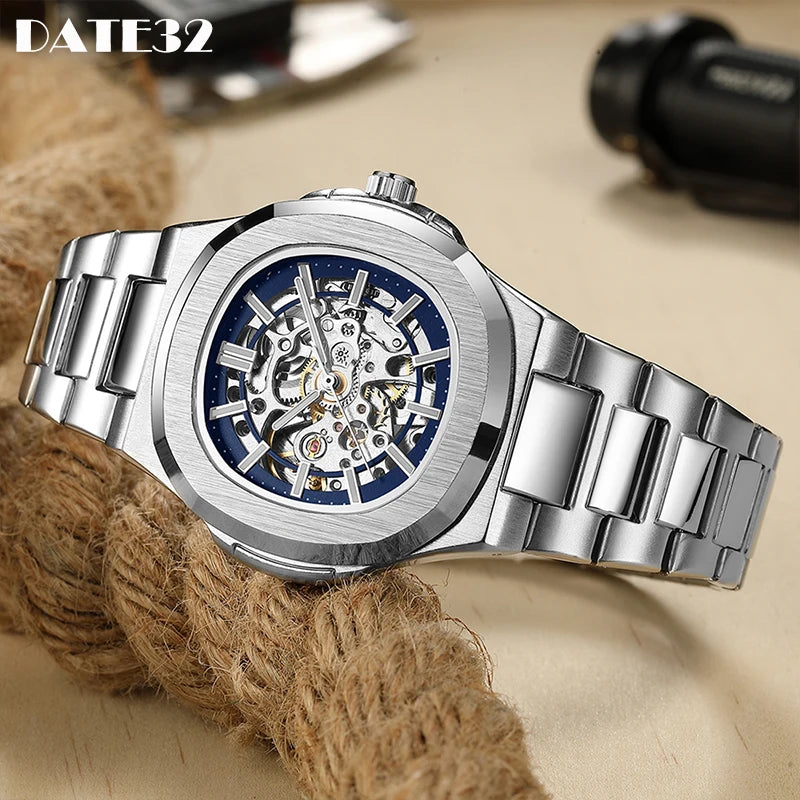 Skeleton Hollow Men Automatic Mechanical Watch | Steampunk Silver Stainless Steel Waterproof Wrist Watches | Male Mechanism Clock