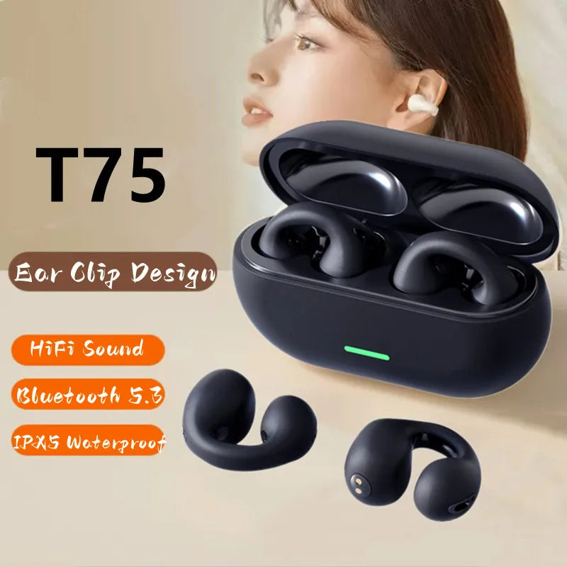 NEW Bluetooth 5.3 Wireless Bone Conduction Headphones T75 | Clip Ear Music Noise Canceling Headset | HD Call Sports Gaming Earphone