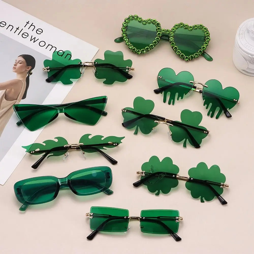 Rimless Four Leaf Clover Funny Sunglasses | Fashion Green Brand Designer Festival Costumes Party Glasses | Beach Sun Glasses UV400 | Alo Trendy