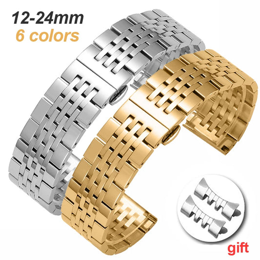 Seven Bead Stainless Steel Watch Strap | 16-24mm Solid Butterfly Folding Buckle Bracelet | Universal Watchband for All Watches