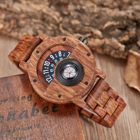 Turntable Compass Creative Wood Watch | Men's Dial in Real Walnut, Ebony, Bamboo | Unique Wooden Watches for Men | Brown and Black Wrist Clock