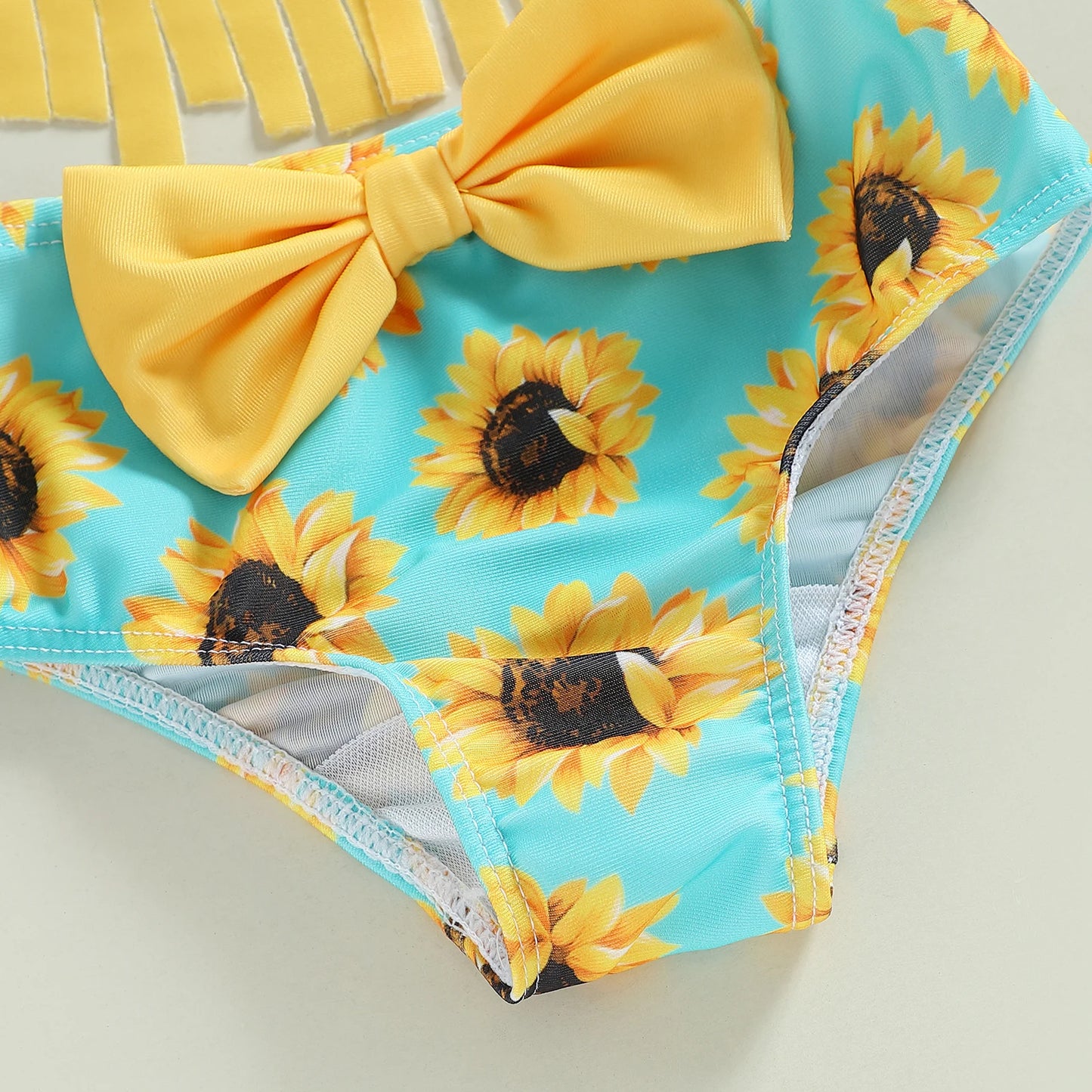 Kids Girls 3 Piece Swimsuits | Solid Color Tassel Sling Tank Tops | Sunflower Print Shorts | Bow Headband Bikini Split Swimwear Set | Alo Trendy