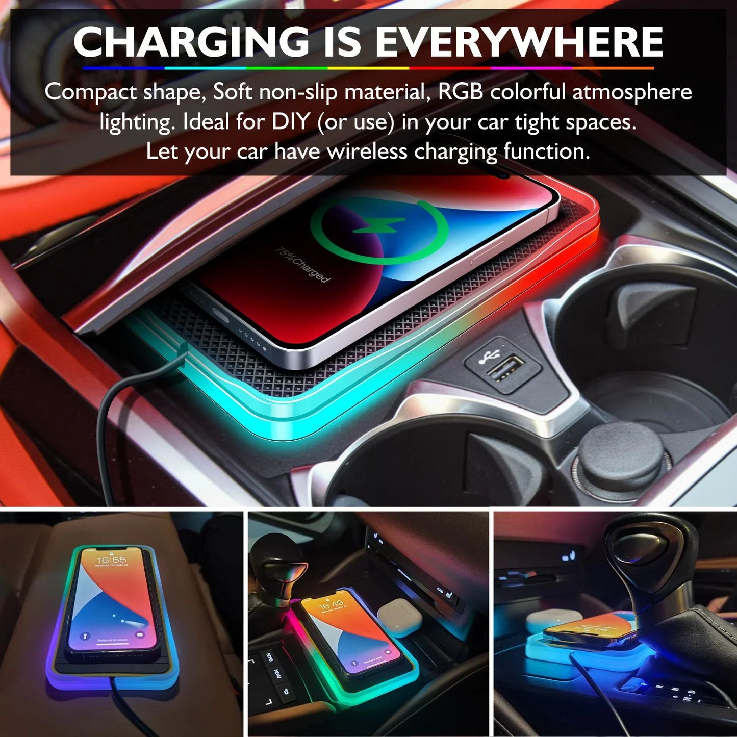 Wireless Charger for Car,RGB LED Qi 15W Fast Car Wireless Charger Pad for iPhone 14 13 12 Pro Max,Wireless Charging Pad for Car