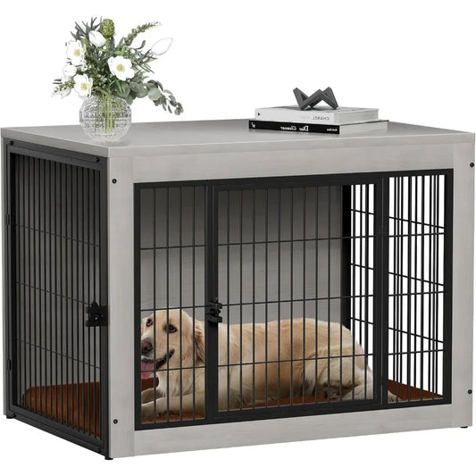 Wooden Dog Crate with Thick Cushion | Double-Door Chew-Resistant Kennel for Indoor Use | Stylish and Durable Pet Furniture