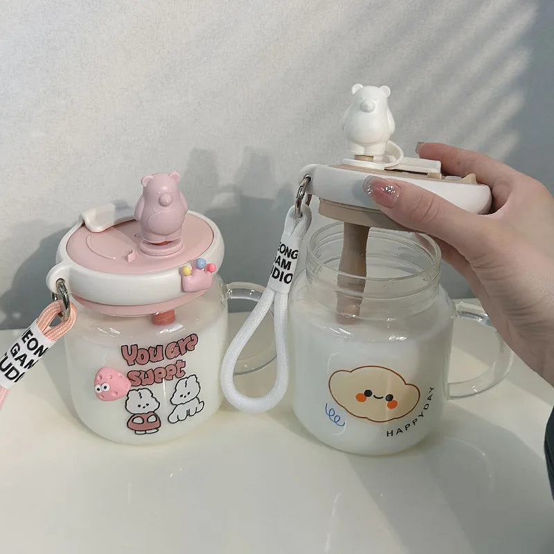 700ML Cute Bear Glass Water Cup With Handle Lid Jumbo Stirring Straw Juice Cups Portable Coffee Milk Double Drinking Mug Bottles | Alo Trendy