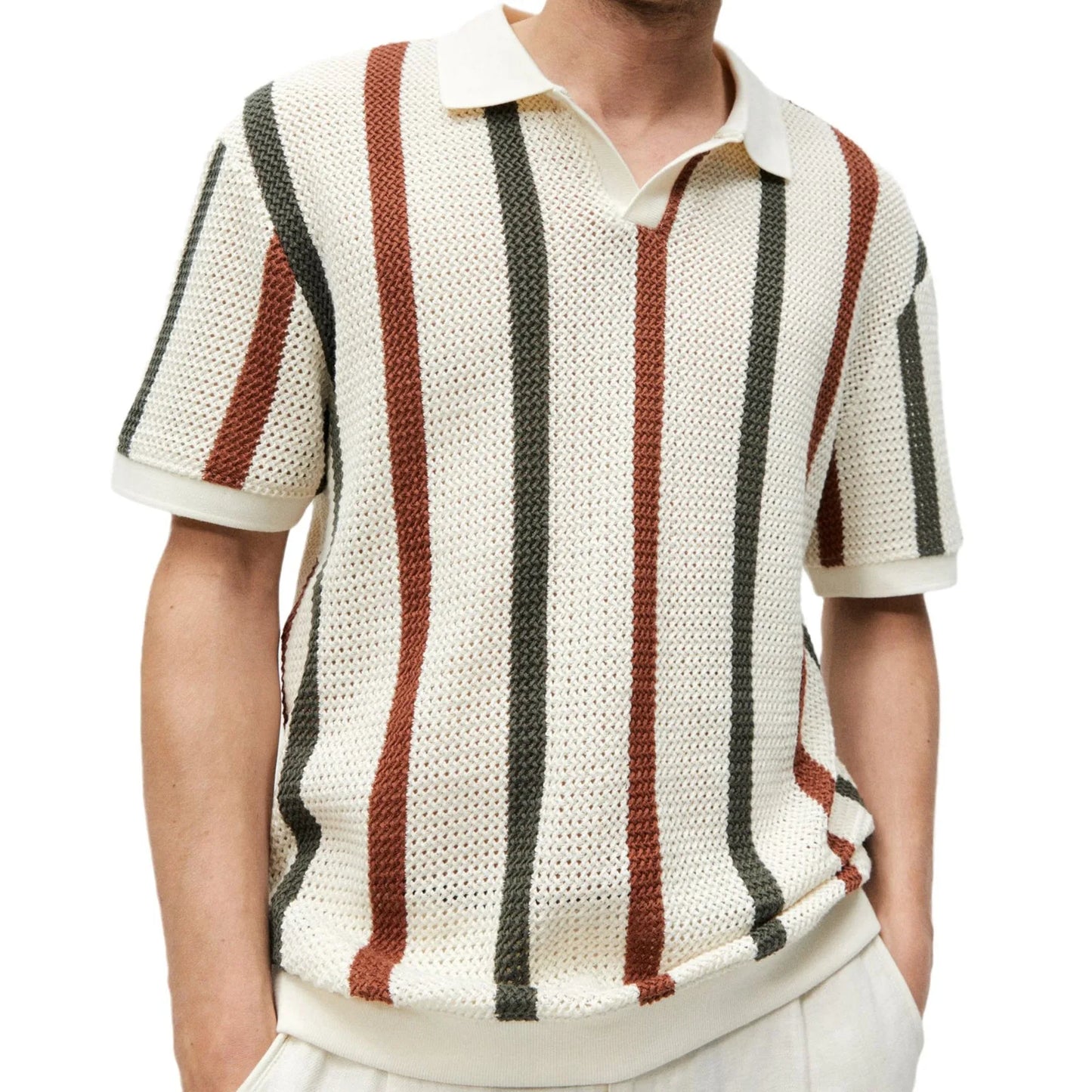 Men's Crochet Knit Polo Shirt | Casual T-shirt Knitted Sweater | Striped Contrast Color Wool Casual Polo Shirt