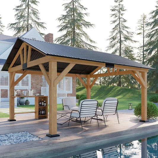 13x15 FT Wood Gazebo | Outdoor Pavilion with Bar Storage Space | Hardtop Gazebo with Steel Gable Roof