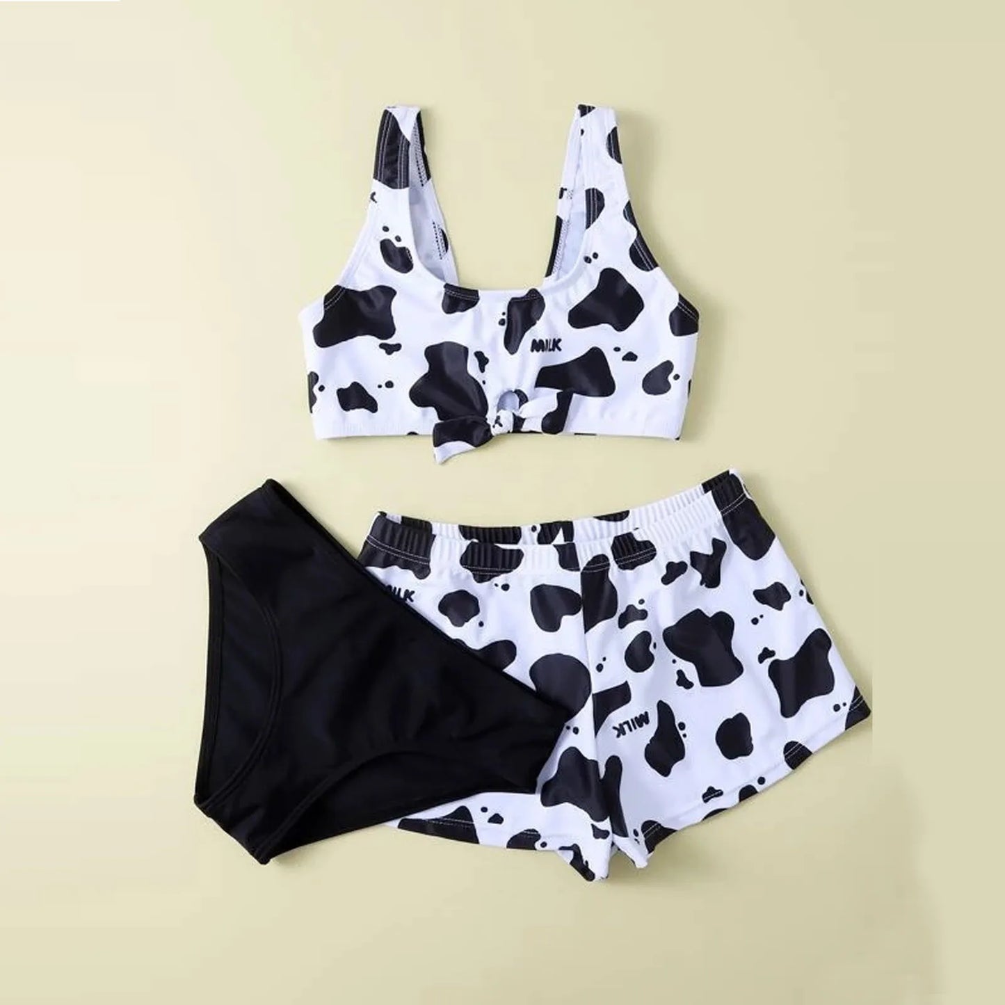 8~14Y Girls Swimsuit Kawaii Girl Swimwear | 3 Pieces Kids Bikini Set | Biquini Infantil Swimming Suit for Children Cow Print 2024 | Alo Trendy