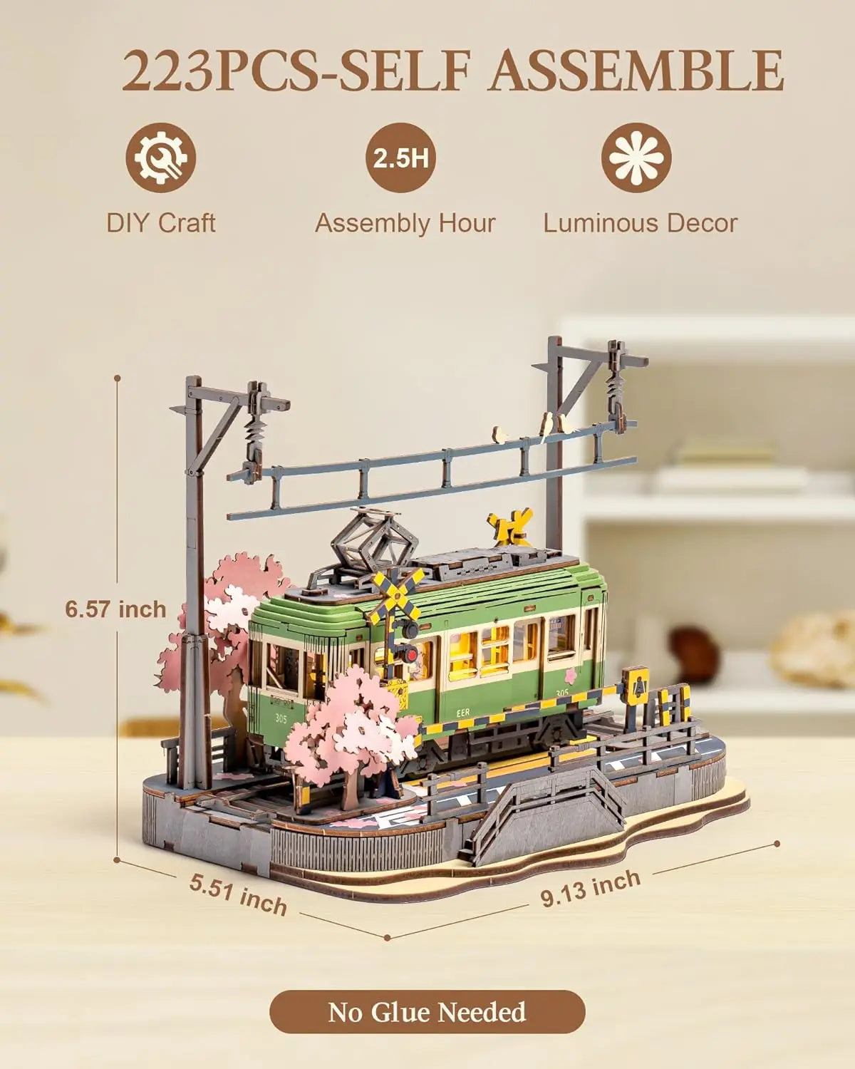 Robotime Model Kits Sakura Tram with LED Lights | 3D Wooden Puzzles Home Decor | Perfect Gift for Adults, Women, and Girls