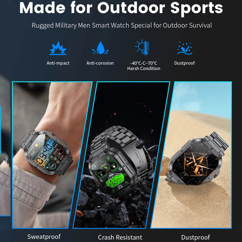 Outdoor Rugged Military Smart Watches for Men | Android & iOS Compatible | Bluetooth Call, Heart Rate Monitoring, Waterproof, Multi-Sport Mode Smartwatch