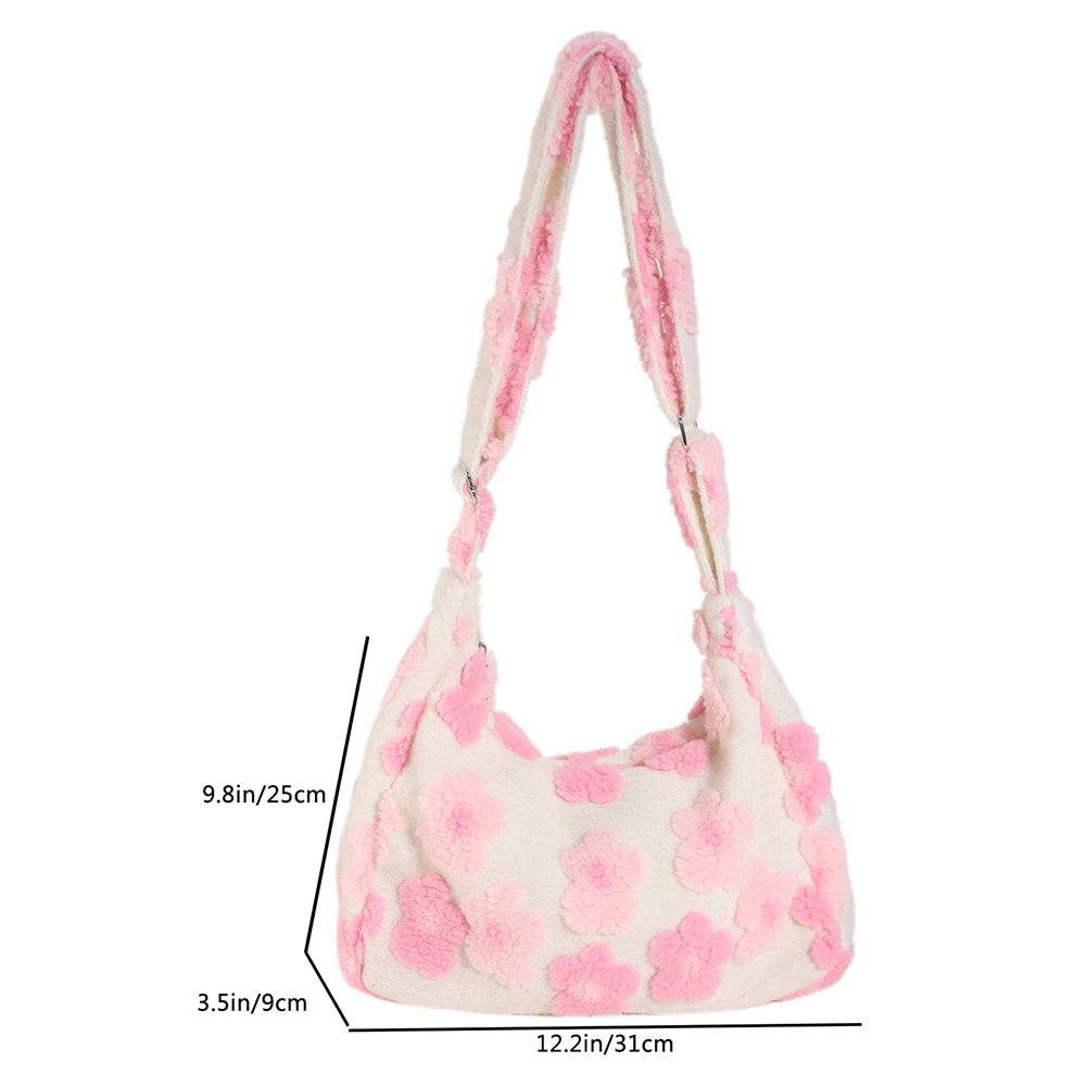 Winter Fluffy Ladies Tote Handbag Flower Print Furry Satchel 2023 Y2K Faux Fur Crossbody Bags Women's Plush Fashion Shoulder Bag