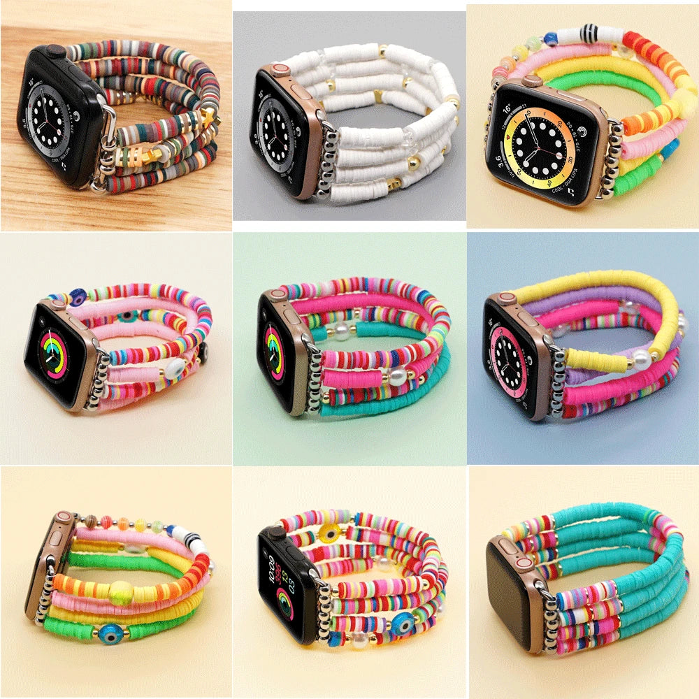 New Bohemian Hand Beaded Soft Pottery Woman Strap for Apple Watch Band 38mm 41mm 42mm 44mm Bracelet for iWatch Series | Stylish Handcrafted Beaded Wristband in Various Sizes