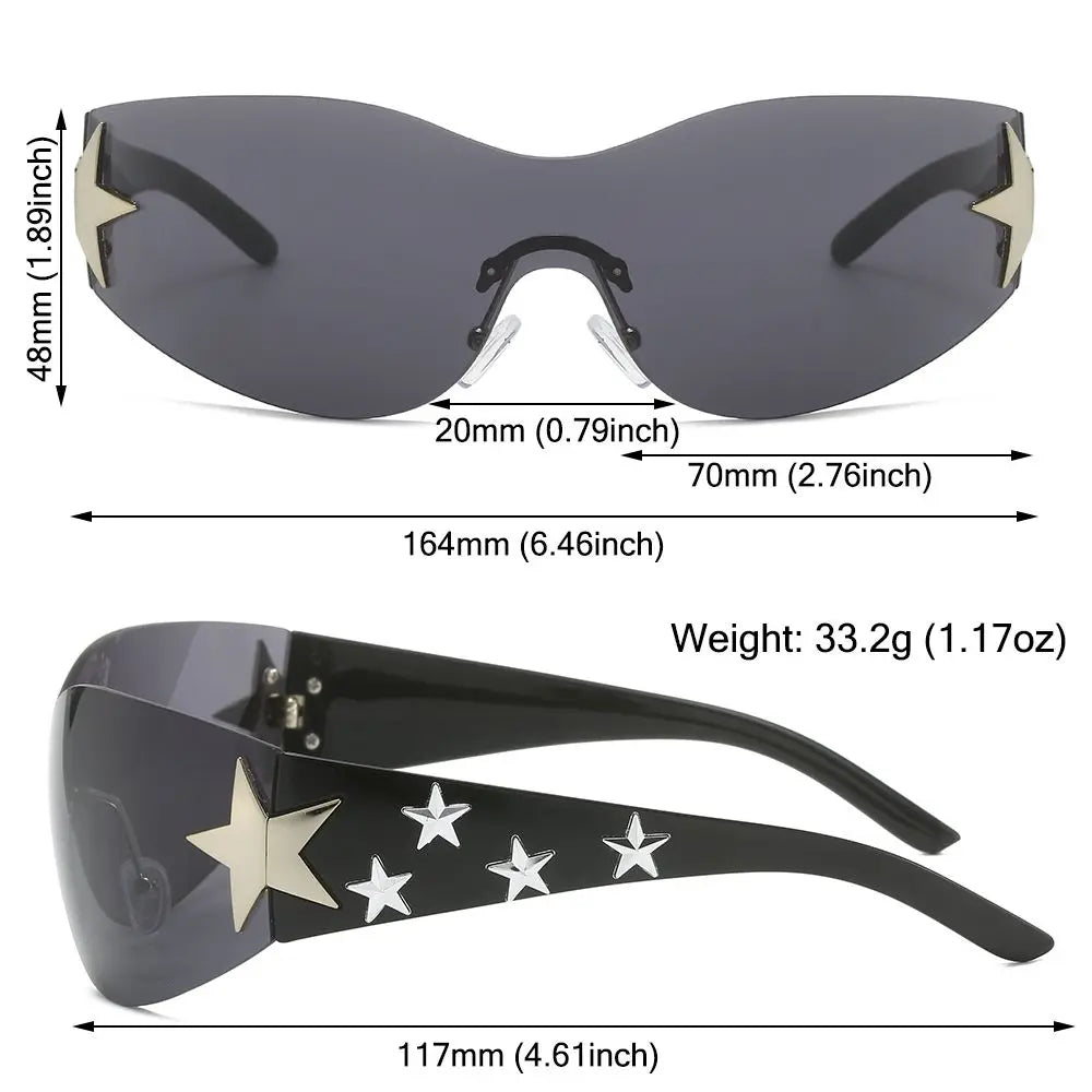 Rimless Y2K Sunglasses for Women & Men | Star Wrap Around Sun Glasses | Trendy Cool Black Shades for Beach, Outdoor, Cycling, Travel